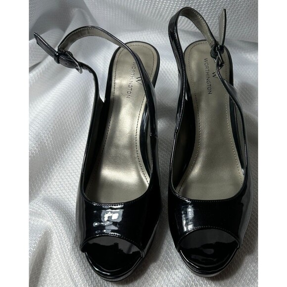 Worthington Shoes Sz 8M BLK SlingBack Patent Adjustable Open Toe Heels Pumps - Picture 11 of 13
